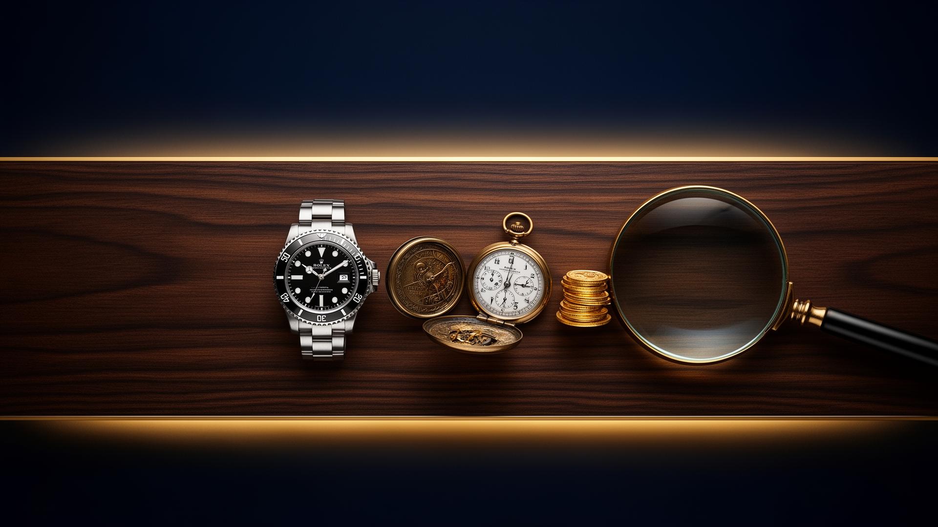 Expertvärdering — exempel på föremål: Rolex klocka, antikt fickur, guldmynt och förstoringsglas